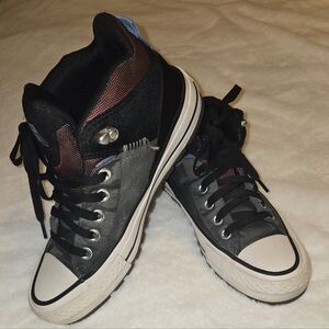 Converse Black, Dark Gray, Burgundy and White All Star High Top Sneakers.